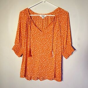 BB Dakota Womens Orange Floral Tie Neck Shirt Blouse Top Medium